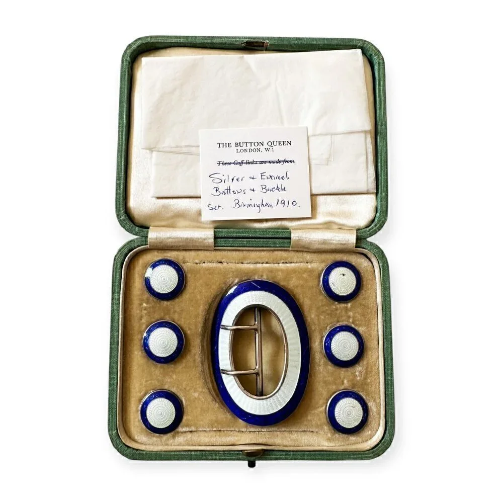 Edwardian Sterling Silver Blue Enamel Buckle and Button Set, Birmingham 1910